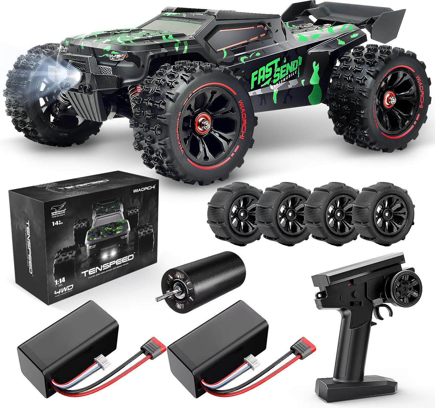 WIAORCHI 1/16 RTR Brushless Fast RC Cars, 42mph with 2 Batteries(Green/1:14)