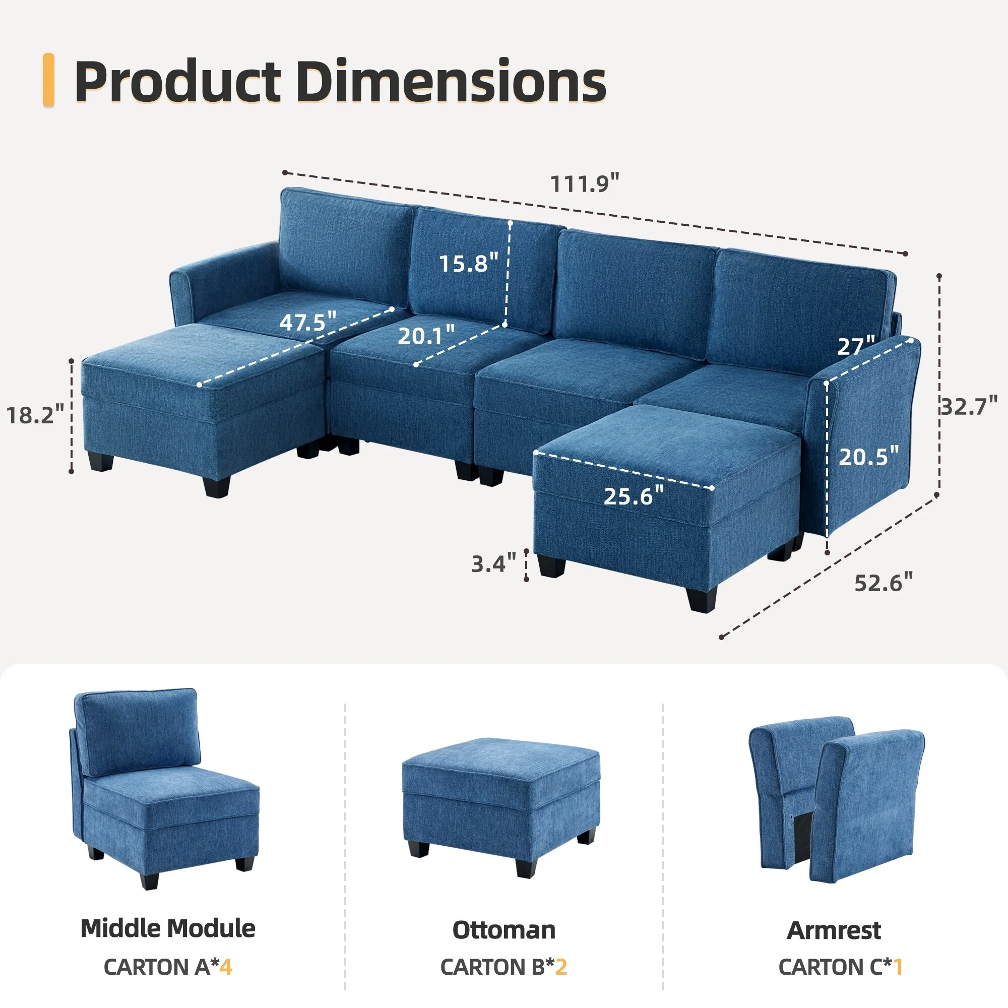 111.9'' Convertible U-Shaped 6-Seat Modular Sectional Sofa with Adjustable Armrests, Storage Ottoman Included