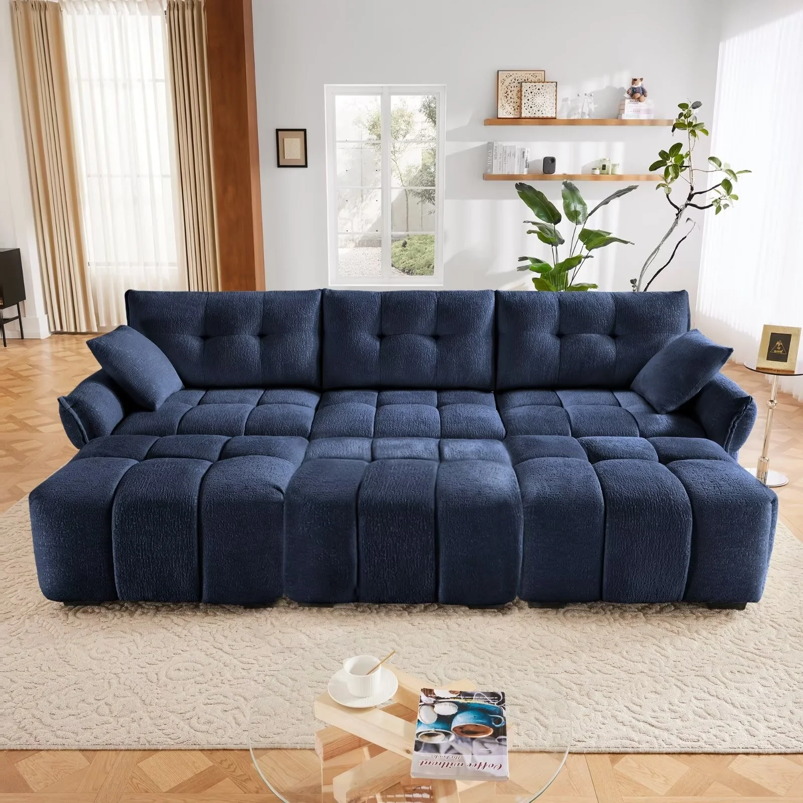 Modern Chenille Sofa, Solid Wood Frame with High Elasticity Cushion