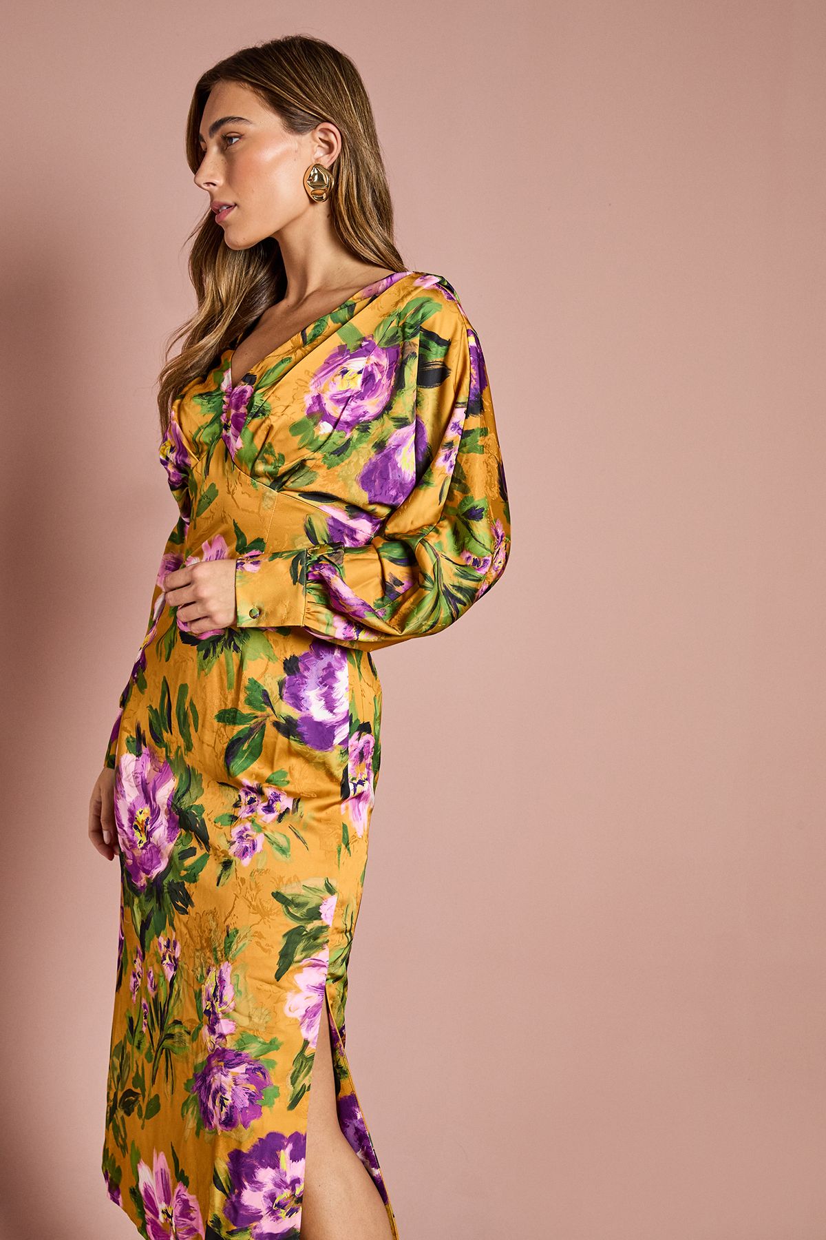 Coast Printed Long Sleeve Satin Maxi Dress With Cowl Back