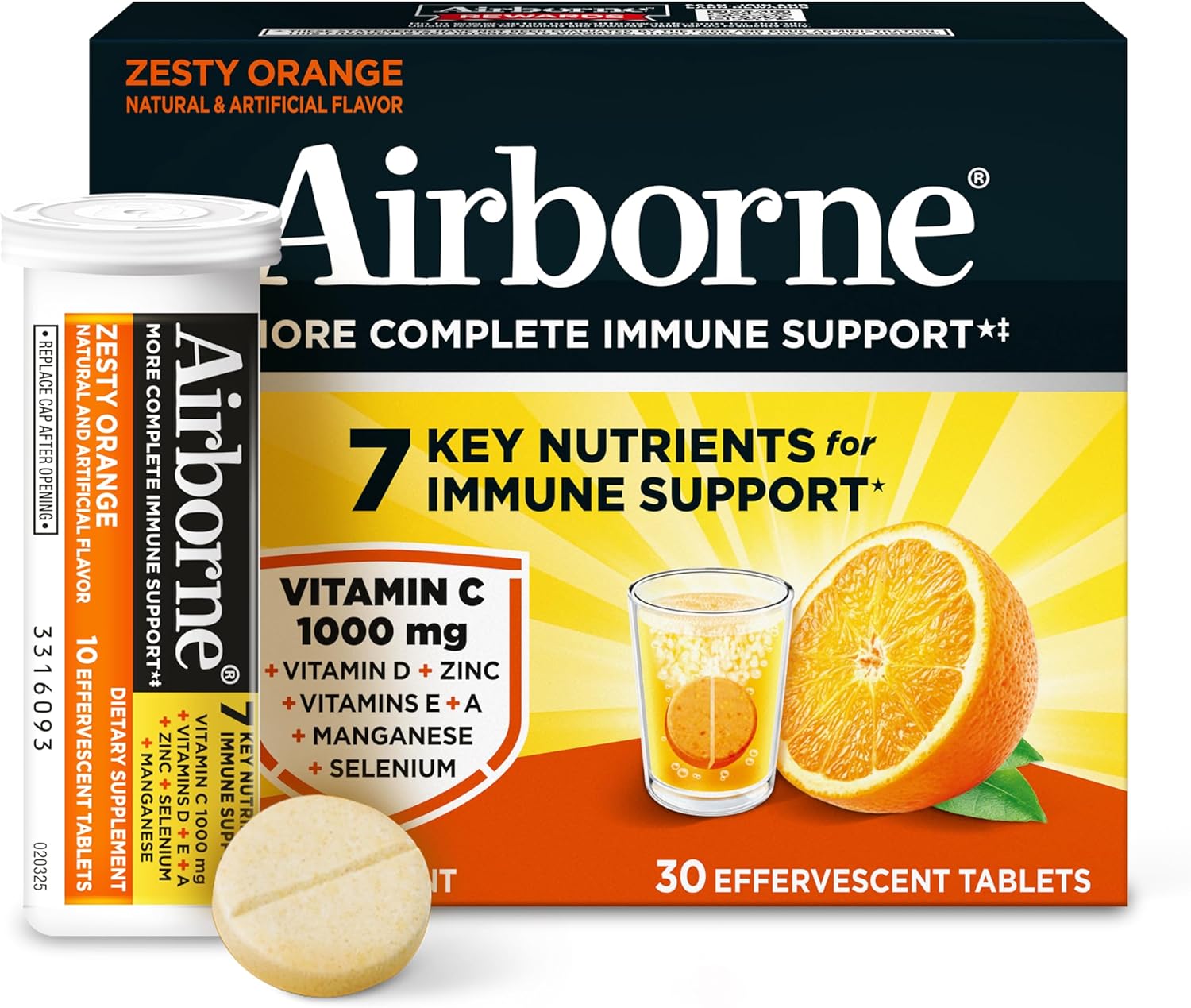 Airborne 1000mg Vitamin C + Zinc Sugar Free Multivitamin Immune Support Effervescent Fizzy Drink Tablets, Zesty Orange Flavor with Powerful Antioxidants Vitamins A C & E, 30 Tablets