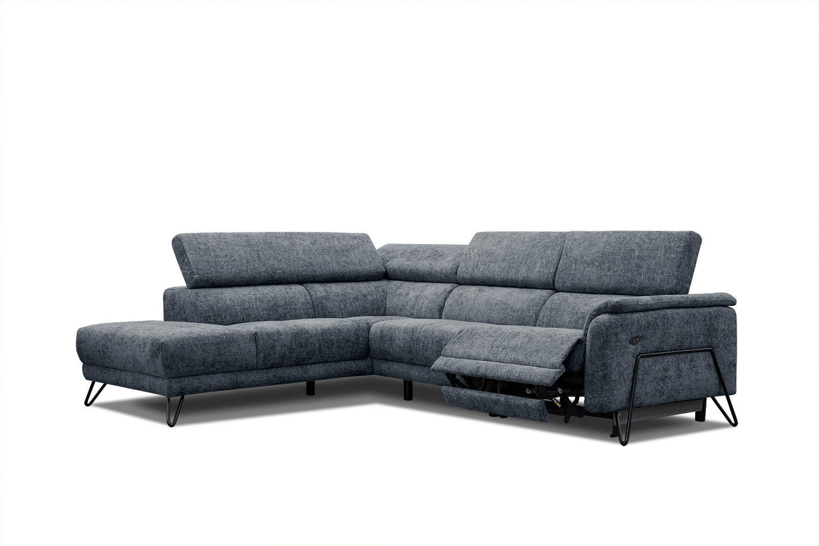 RODEN - Canapé d'angle gauche 5 places avec relax électrique tissu bleu marine