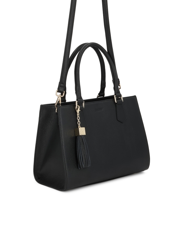 Black leather handbag with metal legs