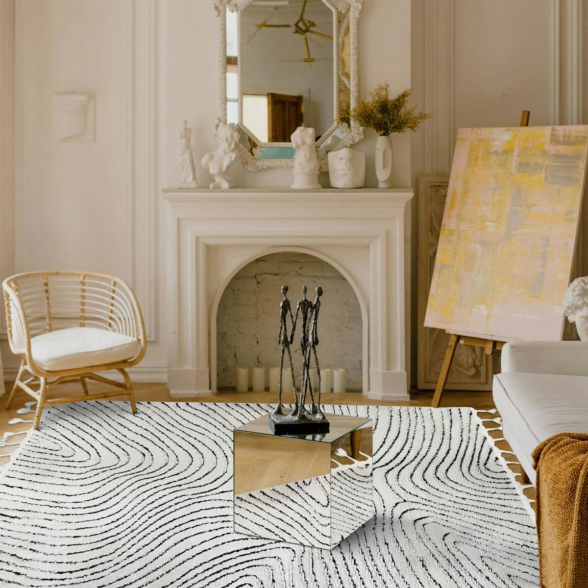 GRAPHICA - Tapis effet relief motifs ondulations blanc noir 120x170