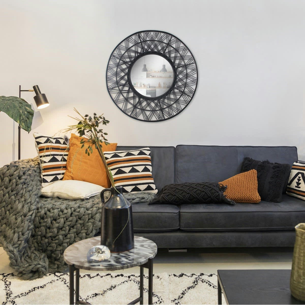 MIROIR ROND ETHNIQUE - Miroir rond en rotin noir 80cm