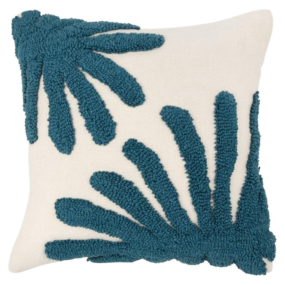 - Housse de coussin en coton beige motif floral bouclé bleu 40x40