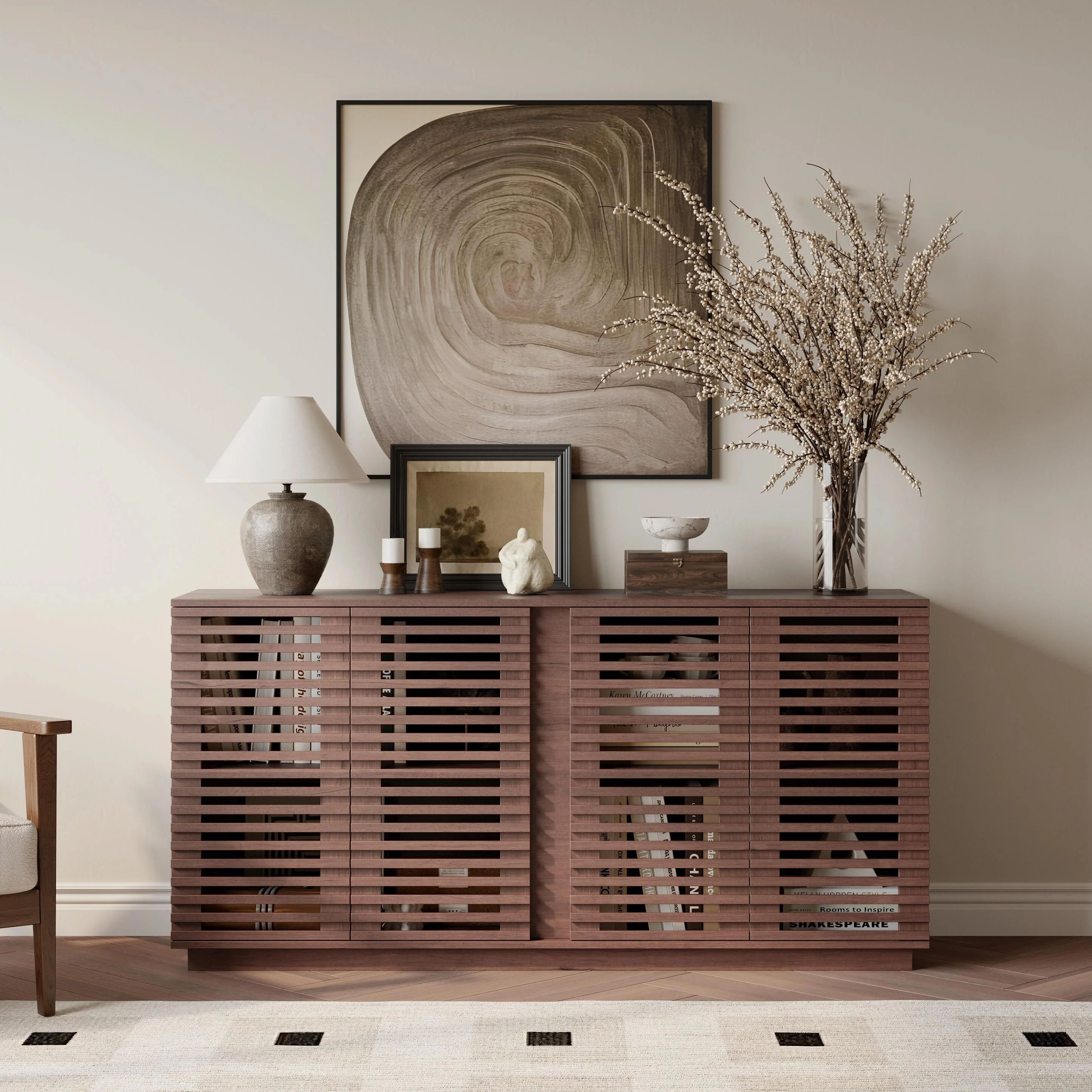 Solid Wood Buffet Cabinet with Slatted Doors - TV Stand & Storage