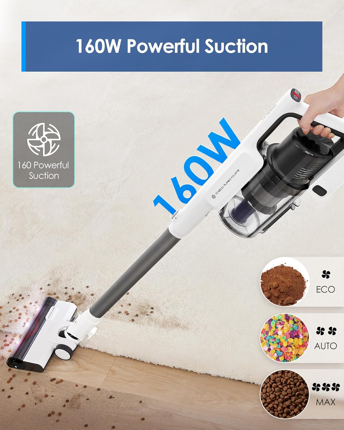 Tineco A30S Cordless Stick Vacuum, 160W Suction 60 Minute Run Time, 1 Litre Trash Can, Tangle-Free Brush, PureCyclone Tech, LED Headlight (A Series-A30)
