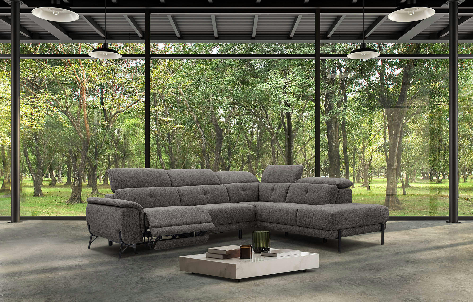 AVENA - Canapé d'angle droit 5 places avec une relax électrique tissu marron