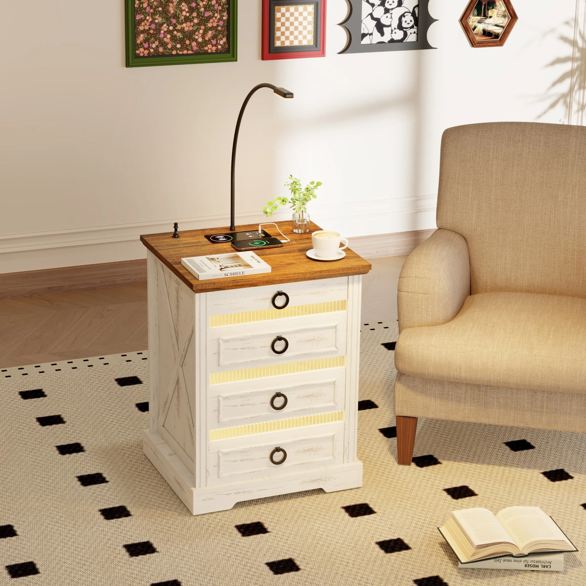 LED 3-Drawer Nightstand With Charging Station and Reading Light