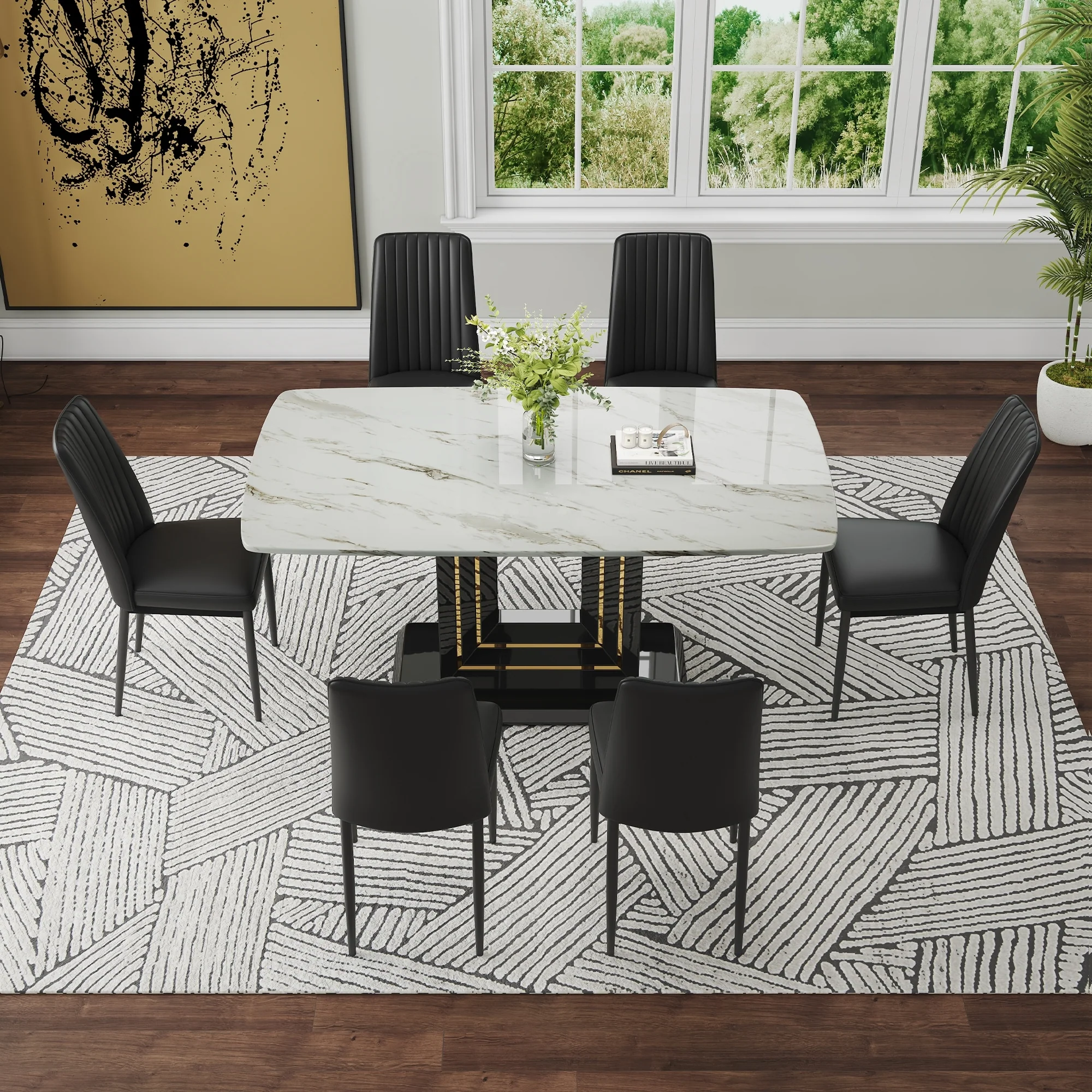Black+White 7-Piece Dining Table Set with Faux Marble Rectangular Table & 6 Chairs
