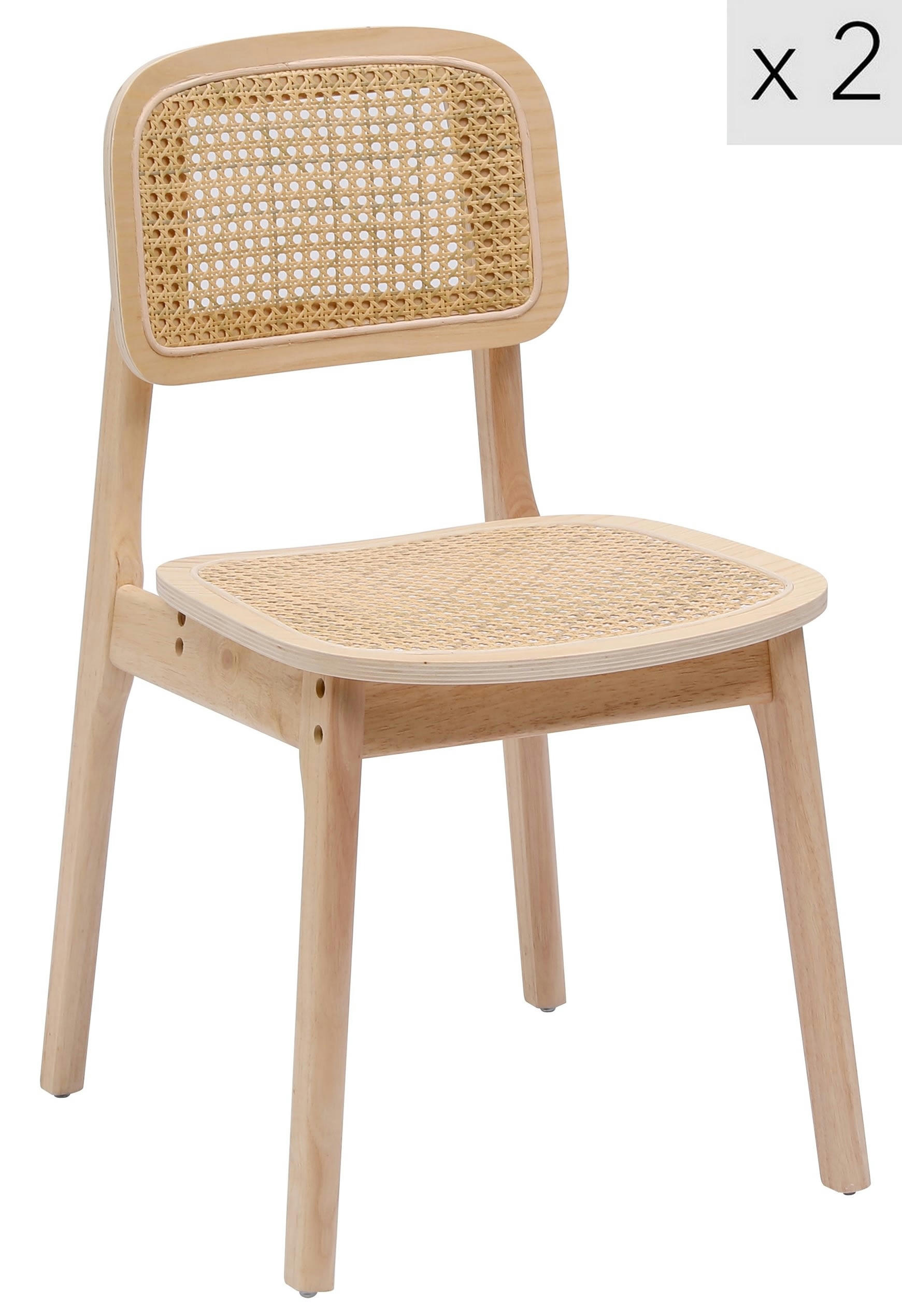 - Lot de 2 chaises en bois massif et rotin naturel