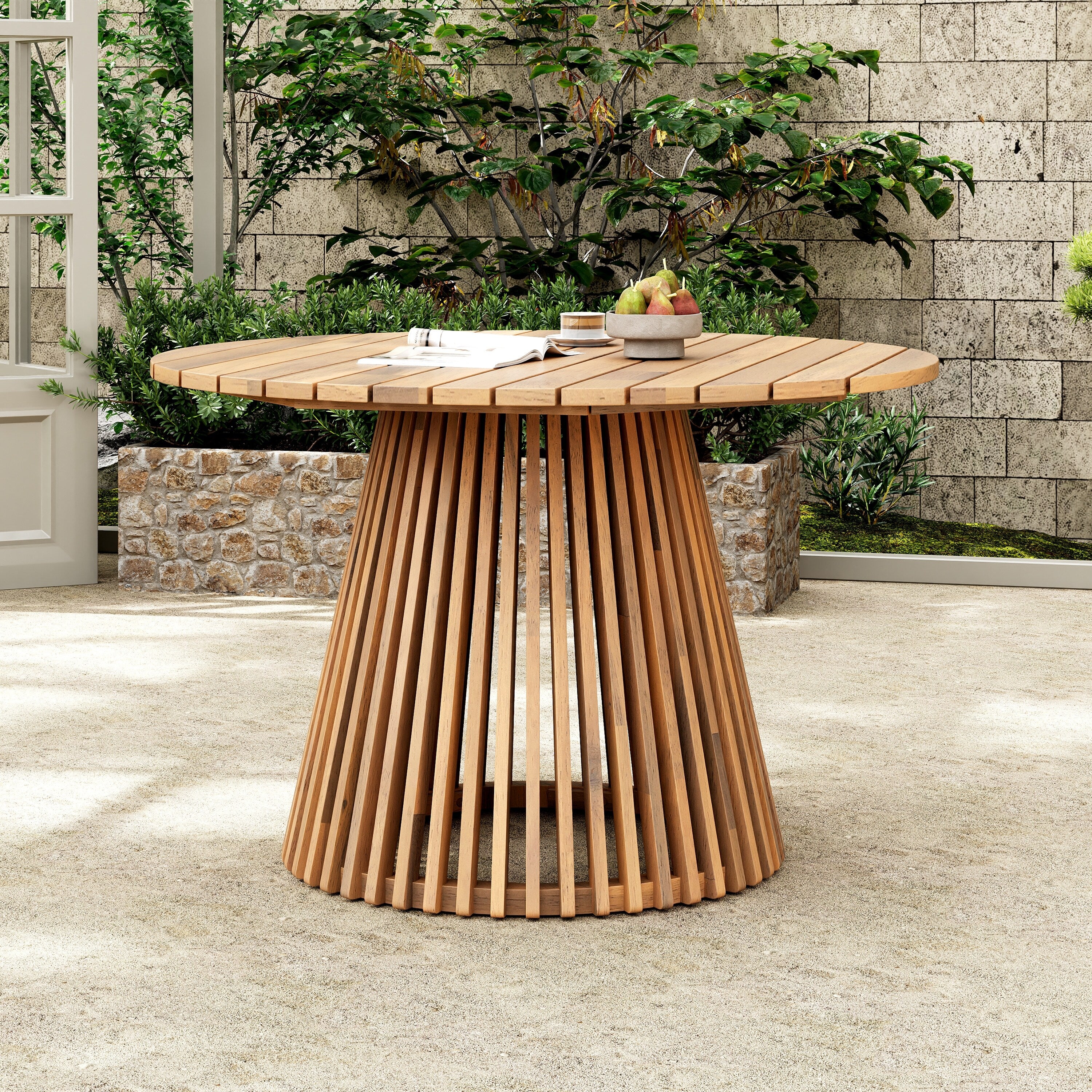 Acacia Wood Outdoor Round Dining Table 47 Inch Light Teak Patio Table for Backyard