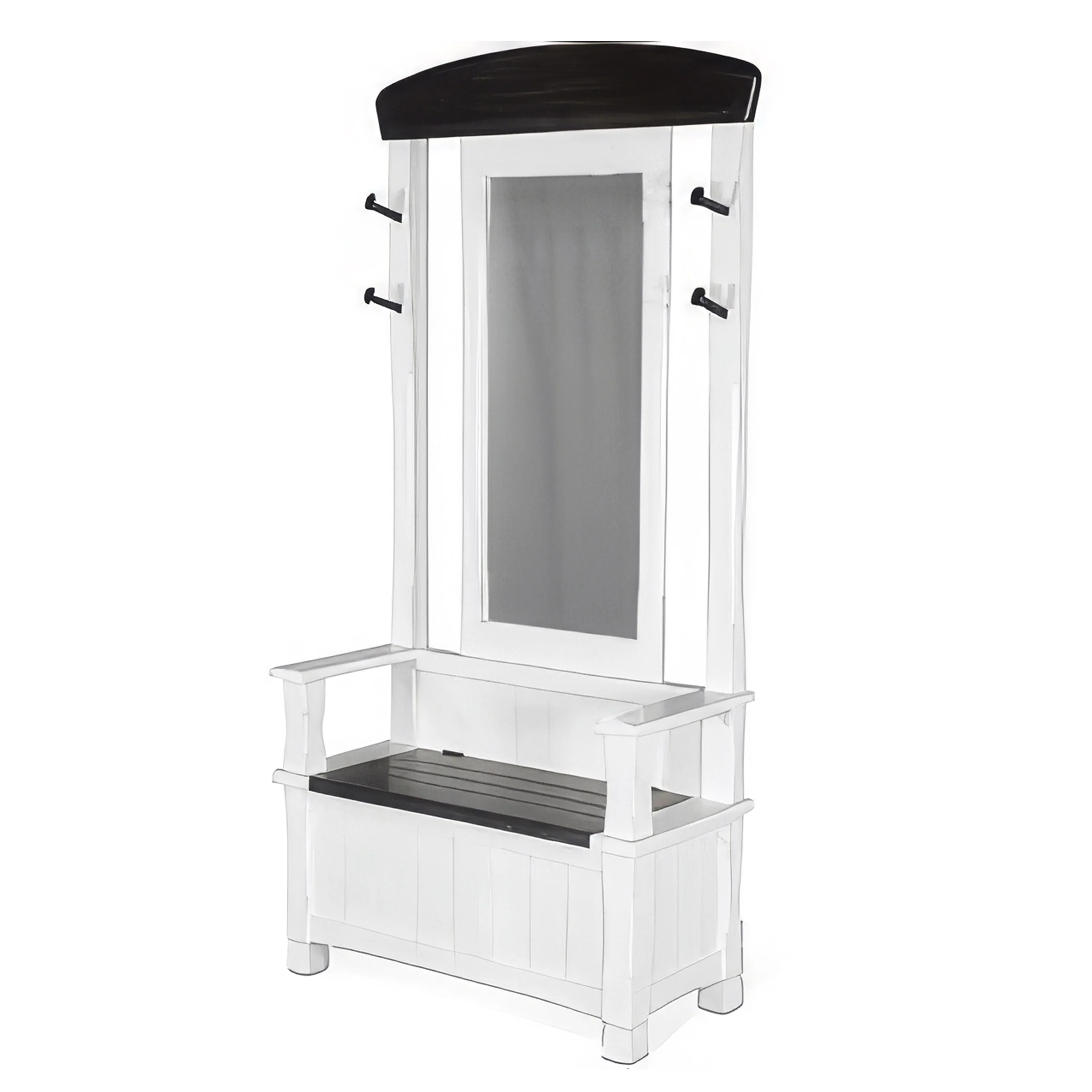 Orso Foyer Hall Tree Coat Hanger w Mirror, Storage Bench, White, Brown
