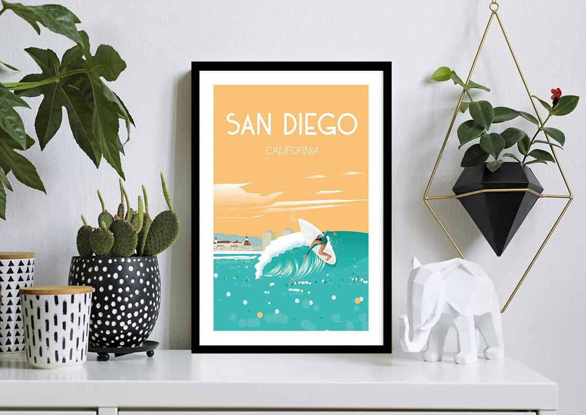 - Affiche ville voyage San Diego California avec cadre noir 20x30cm