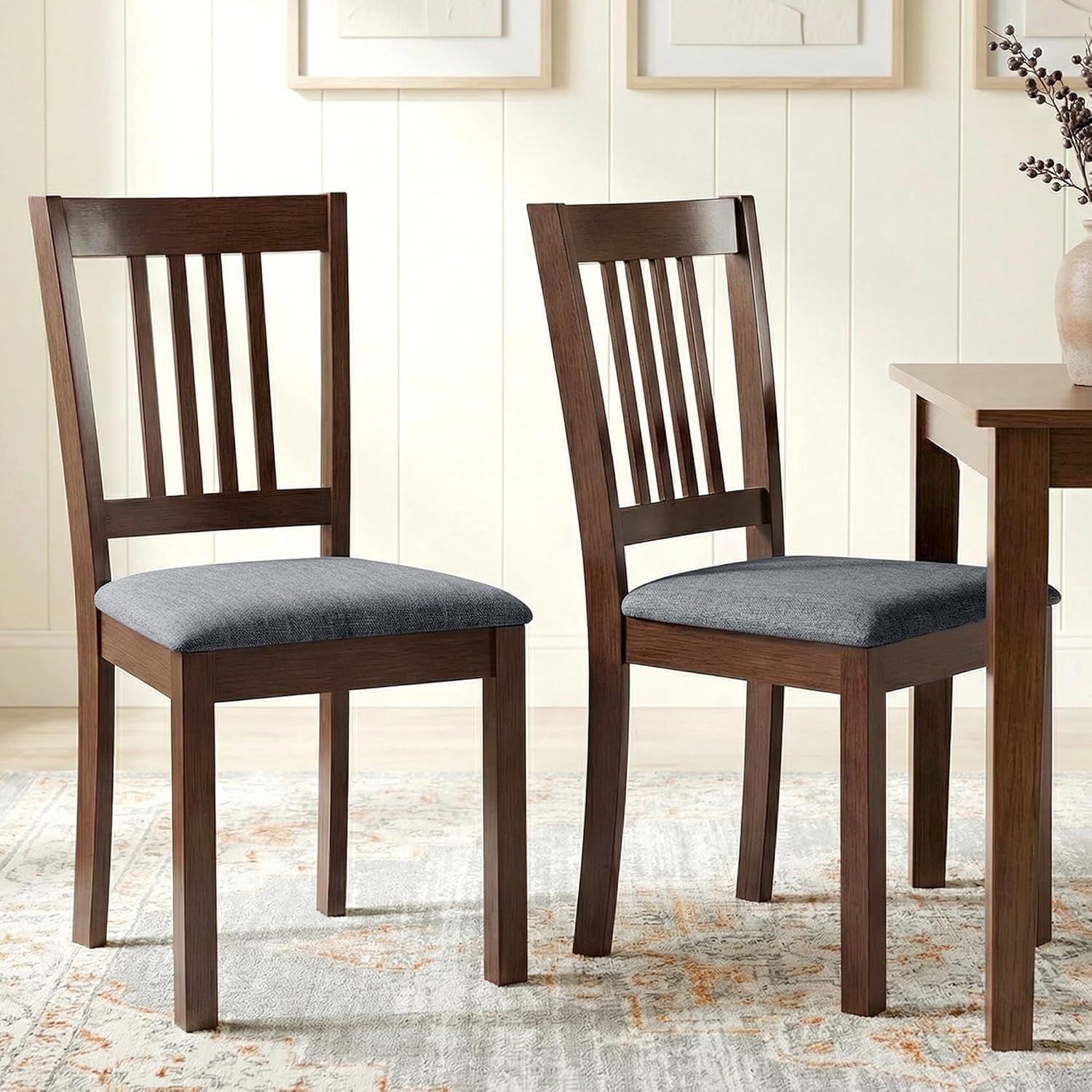 HOMCOM Dining Chairs Set of 2, Solid Wood Kitchen Chairs, Mid Century Modern Linen Fabric Upholstered for Dining Room, Living Room, Espresso Frame and Gray Upholstery