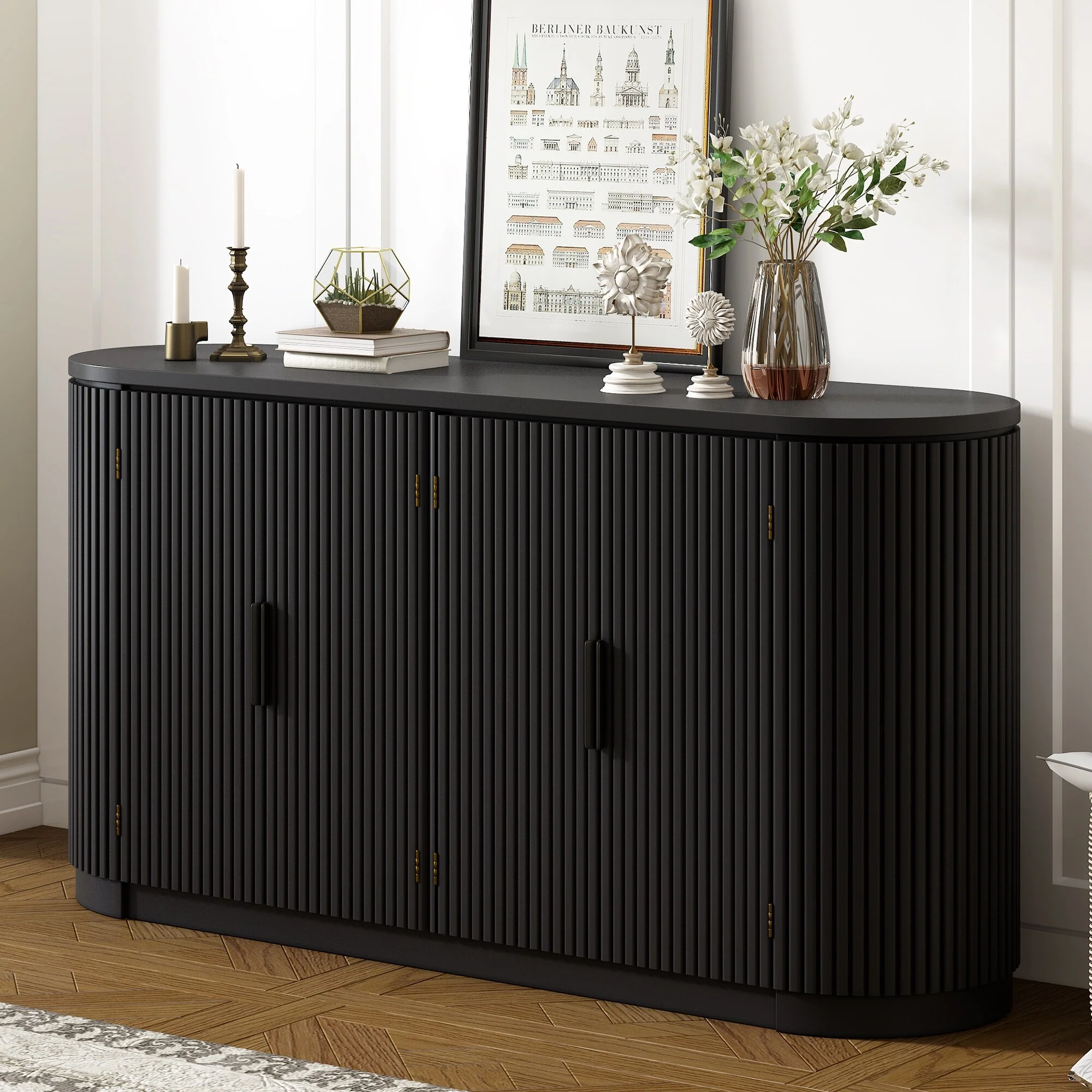 Modern Storage Cabinet with Adjustable Shelves, Metal Handles and Vertical Striped Doors