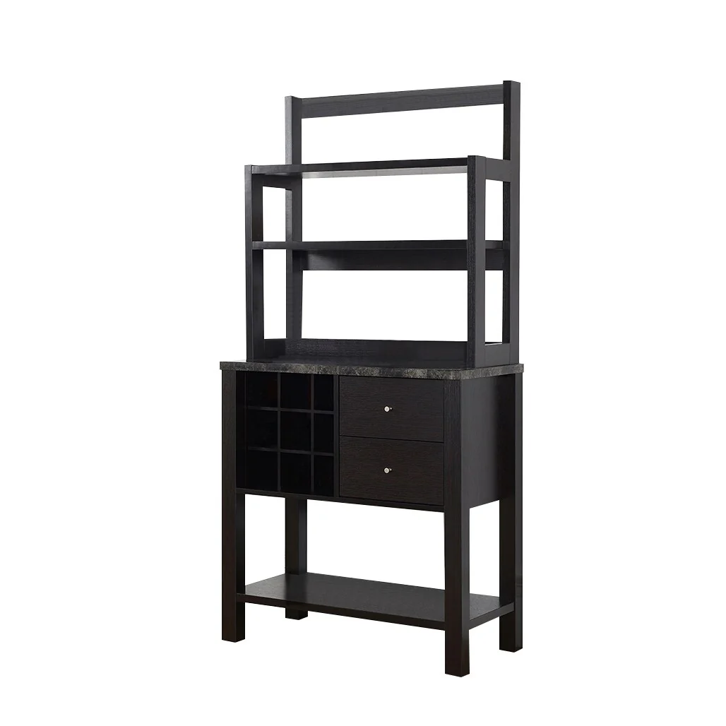 Wood Bakers Cabinet with Three Display Shelves and Wine Compartment, Espresso