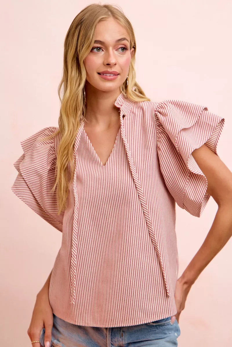 Twill Striped Ruffle Sleeve Blouse