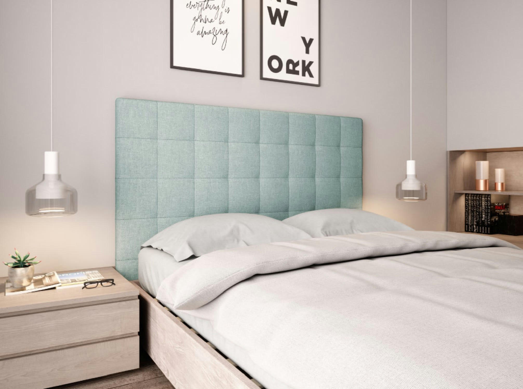 MEGAN - Tête de lit capitonnée en tissu - Bleu clair, Largeur - 140 cm