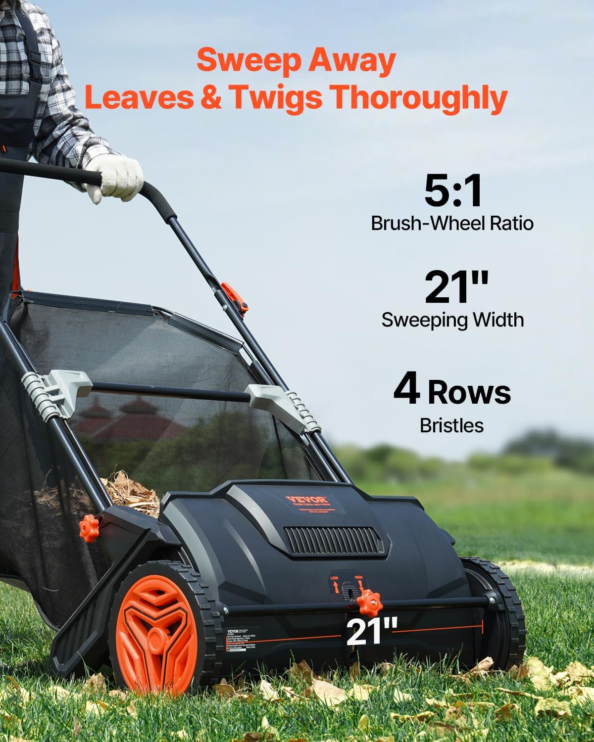 VEVOR Push Lawn Sweeper, 21inch Leaf & Grass Collector, Heavy Duty Thickened Steel Durable to Use with Large Capacity 3.5 cu. ft. Mesh Collection Hopper Bag, 2 Spinning Brushes
