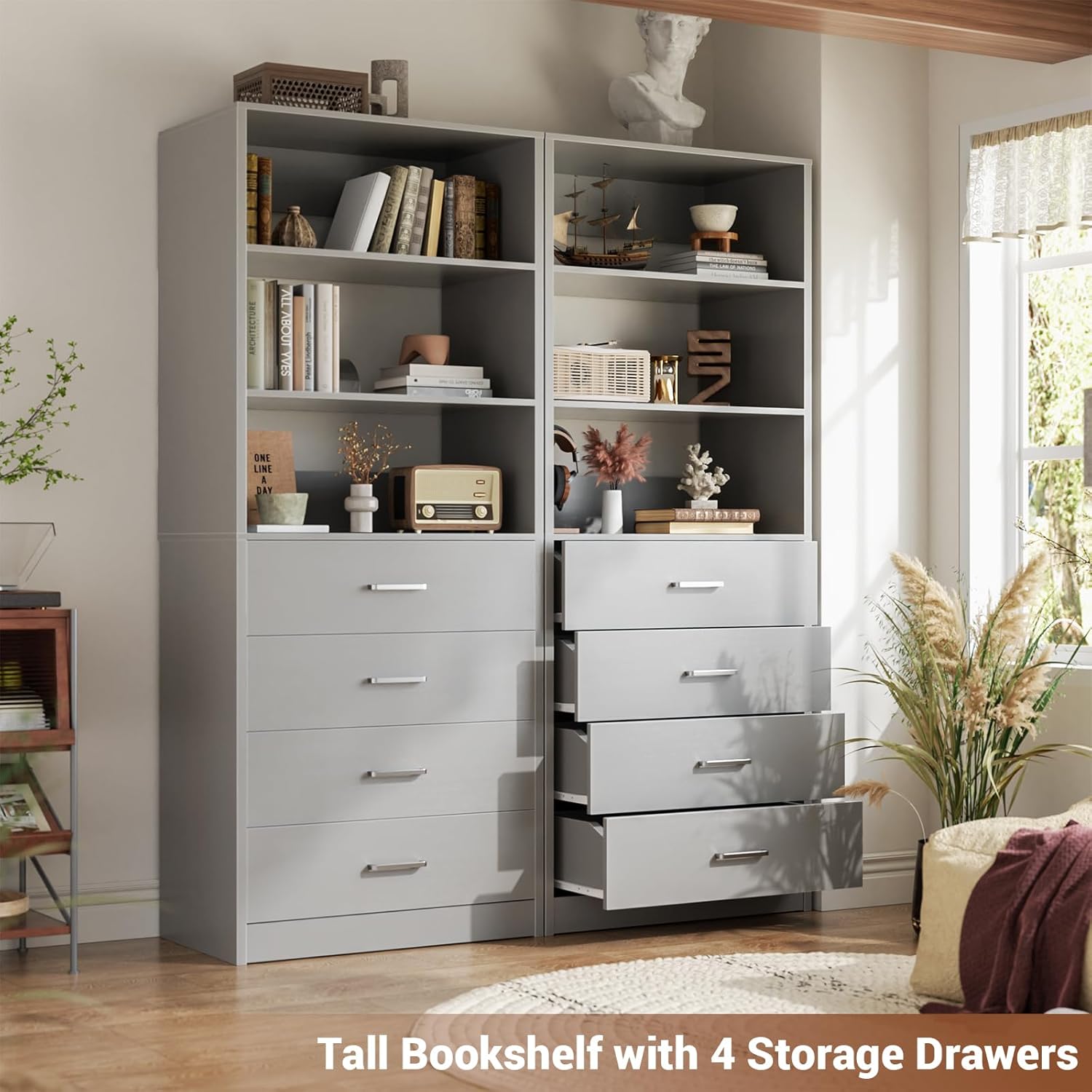 Aheaplus Closet Drawers System, 21.3 Wood Closet Organizer System with 4 Drawers, Modular Walk-in Closets System Storage Unit, Small Closets Wardrobe Rack, Tall Storage Cabinet Unit, Grey1
