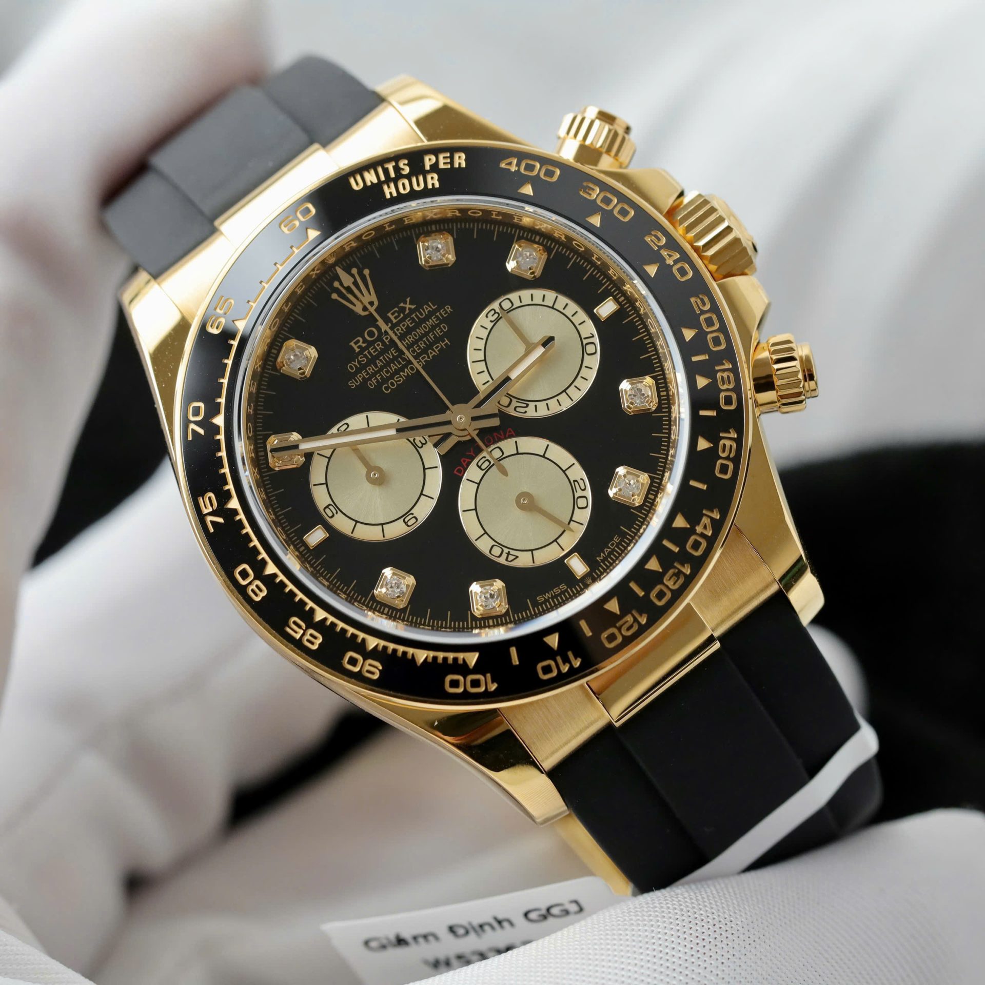 Rolex Daytona YG Plated Black Dial CZ Diamonds 40mm Oysterflex Super Clone