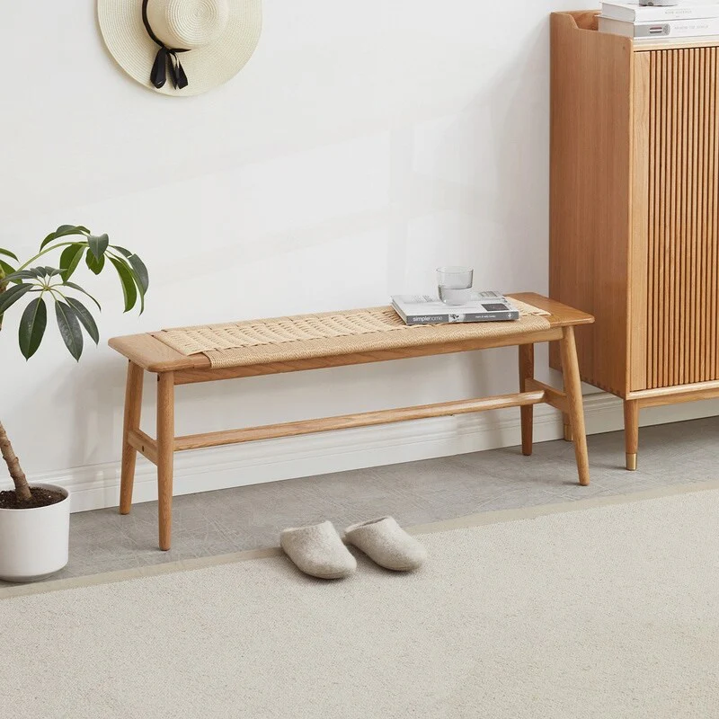 Versatile Natural Oak Wood Bench for Various Rooms with Woven Seat