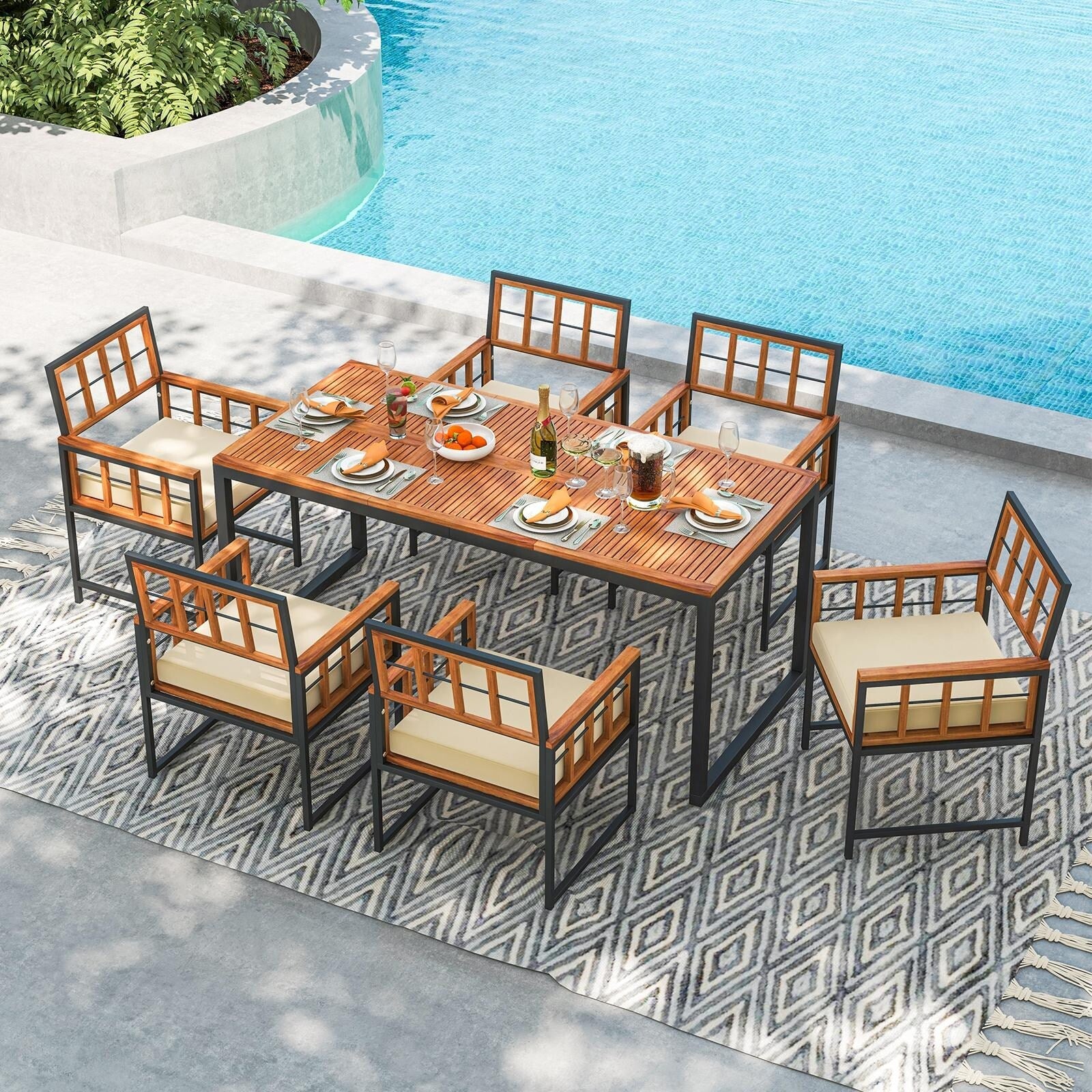 Set of 6 Patio Dining Chairs Acacia Wood Armchairs with Cushions - Multi