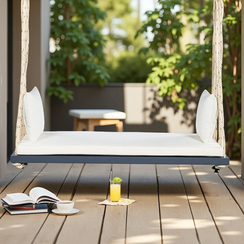 Acacia Wood Porch Swing Chair with Cushion and Pillows 10.8ft Hemp Ropes, 400lb Capacity