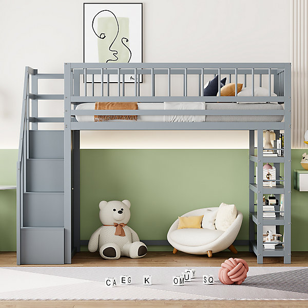 Lit Mezzanine 90x200 cm - Lit enfant avec Garde-Corps Sécurisé et Armoire Intégrée - étagères Pratiques - Bois Massif - Gris