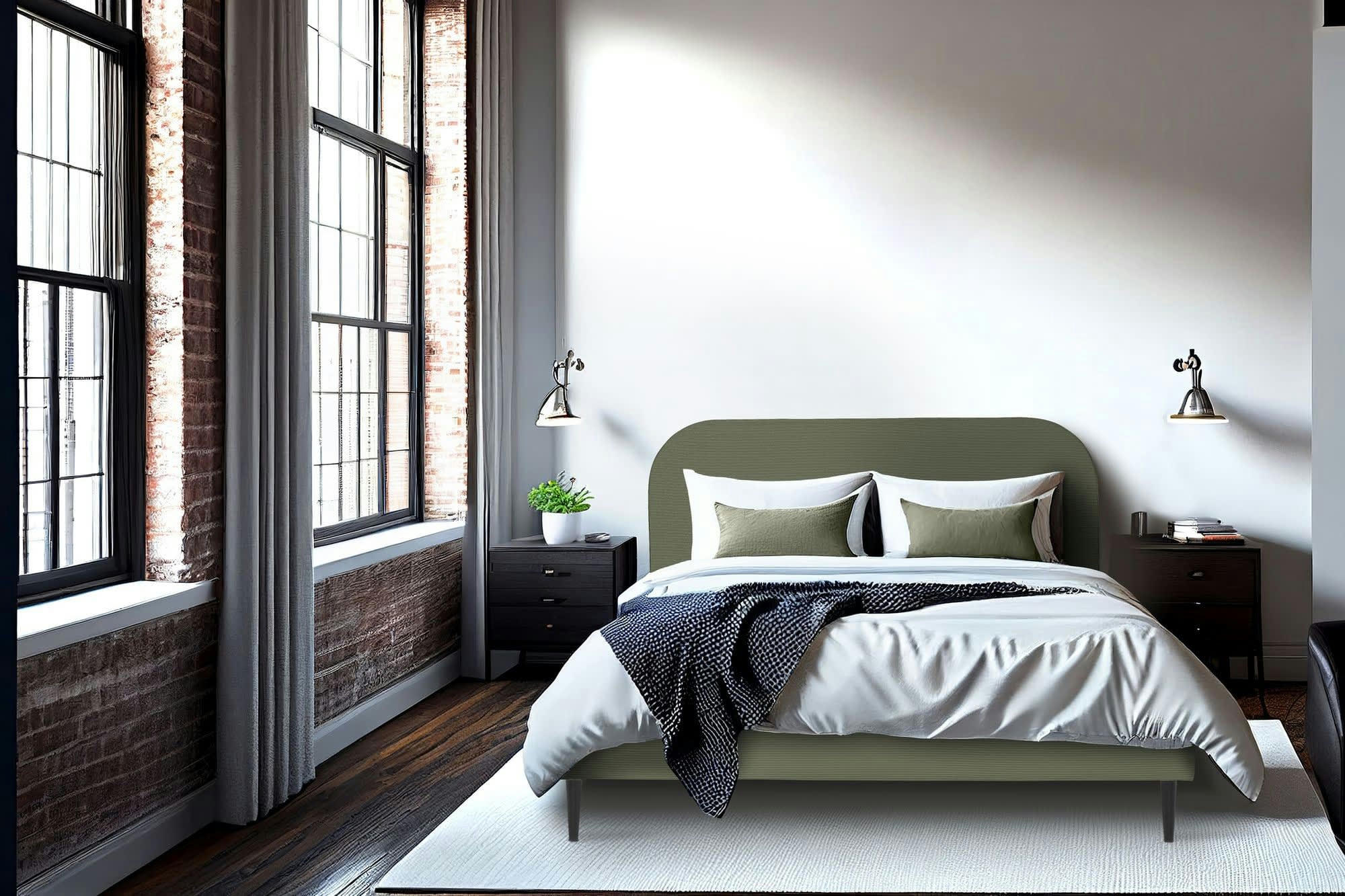 TIM - Lit avec sommier 2 places  en velours côtelé kaki 160x200