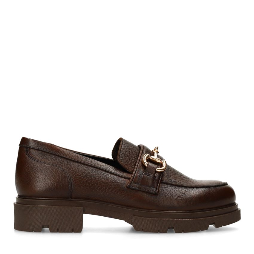 Manfield Donkerbruine leren loafers met gouden chain