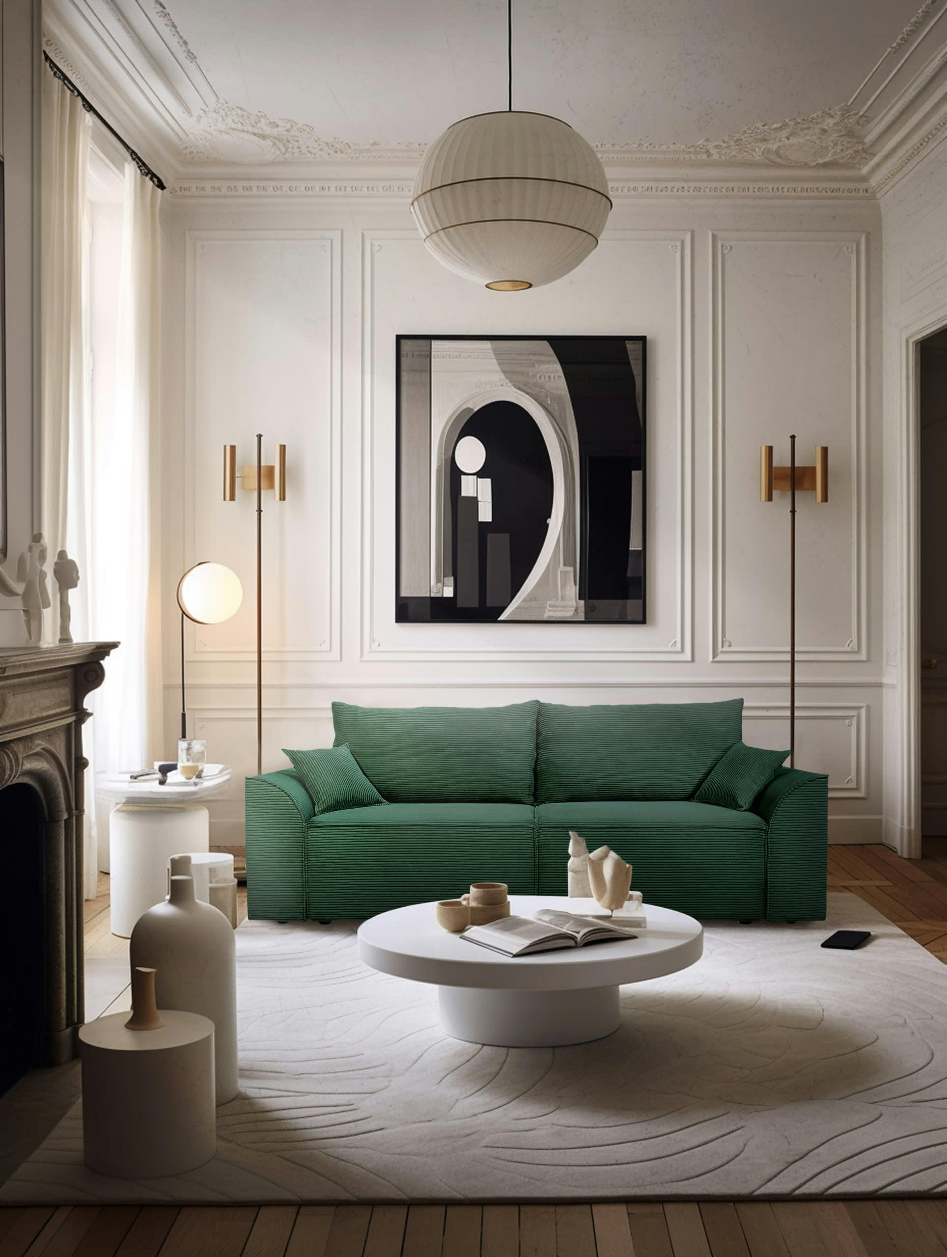 VARENNE - Canapé droit convertible 3 places en velours côtelé vert