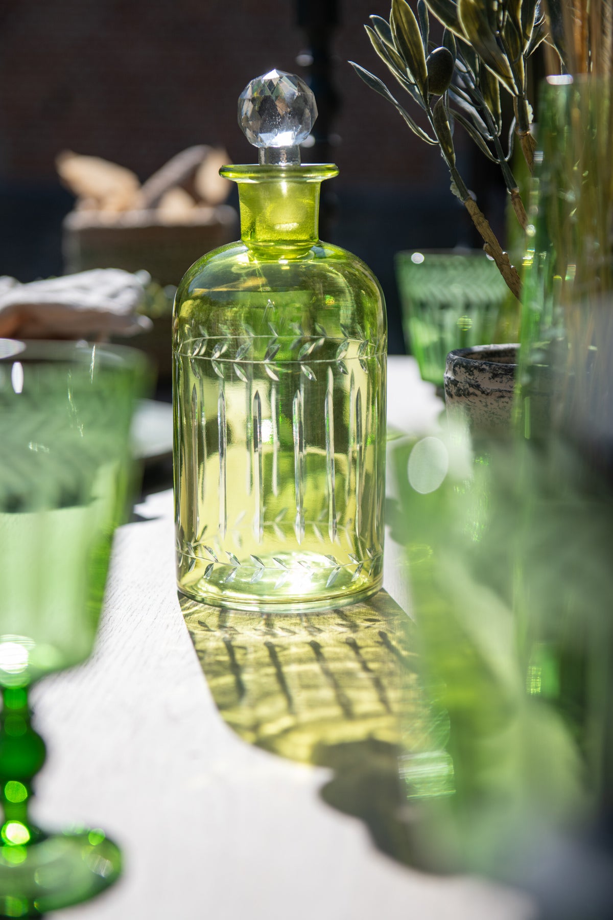 J-Line karaf Bladeren - glas - groen - large - 2 stuks