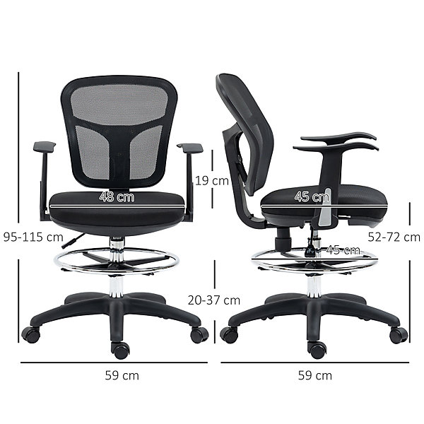 Fauteuil de bureau ergonomique type, réglable, avec accoudoirs et repose-pieds, tissu mesh noir, pour bureau ou maison