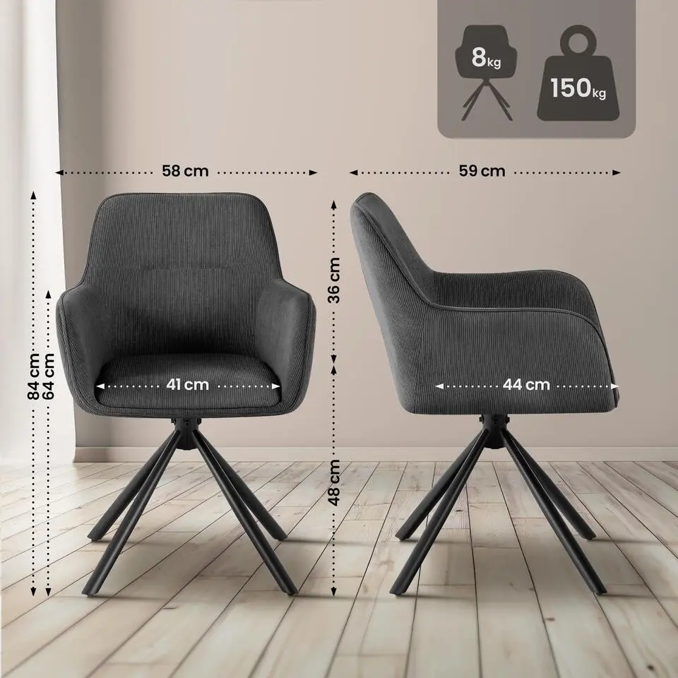 CLP Eetkamerstoel Tipton zwart Frame - Ribstof - grijs