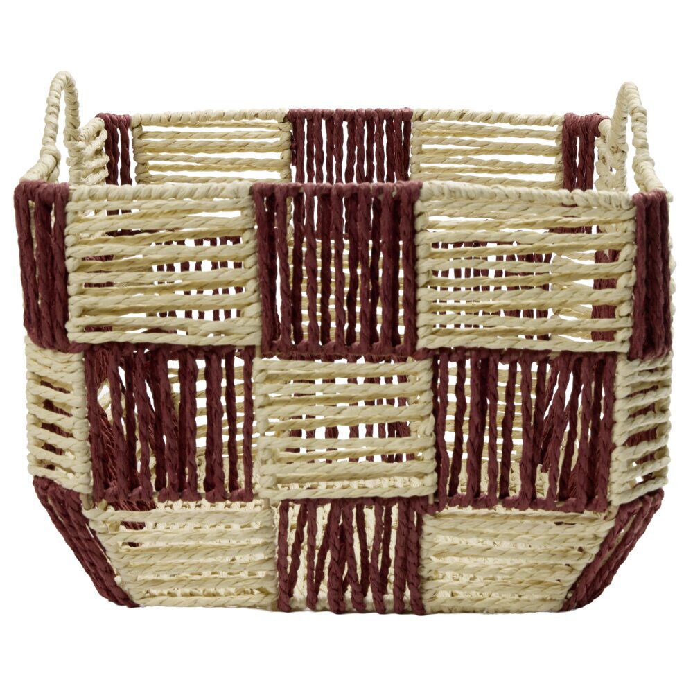Panière de rangement carrée damier papier beige et rouge 29x29xH20cm
