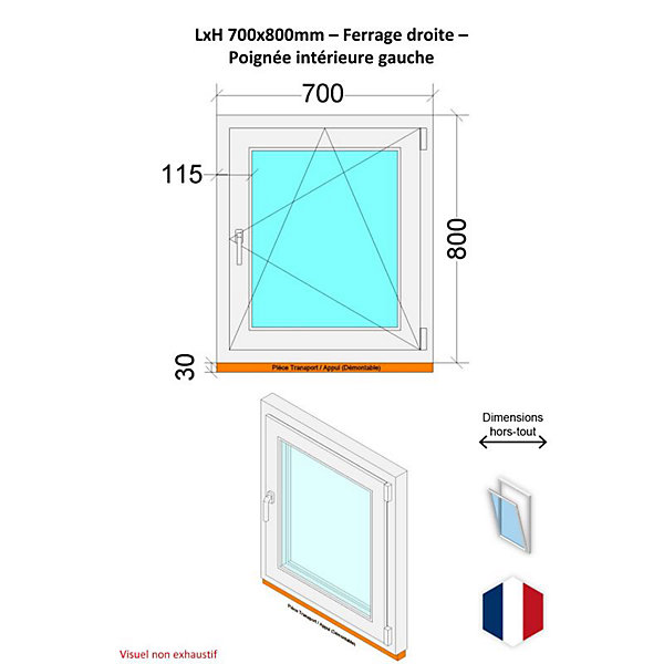 Fenêtre PVC - LxH 700x800 mm -Triple Vitrage - Blanc -poignée à gauche