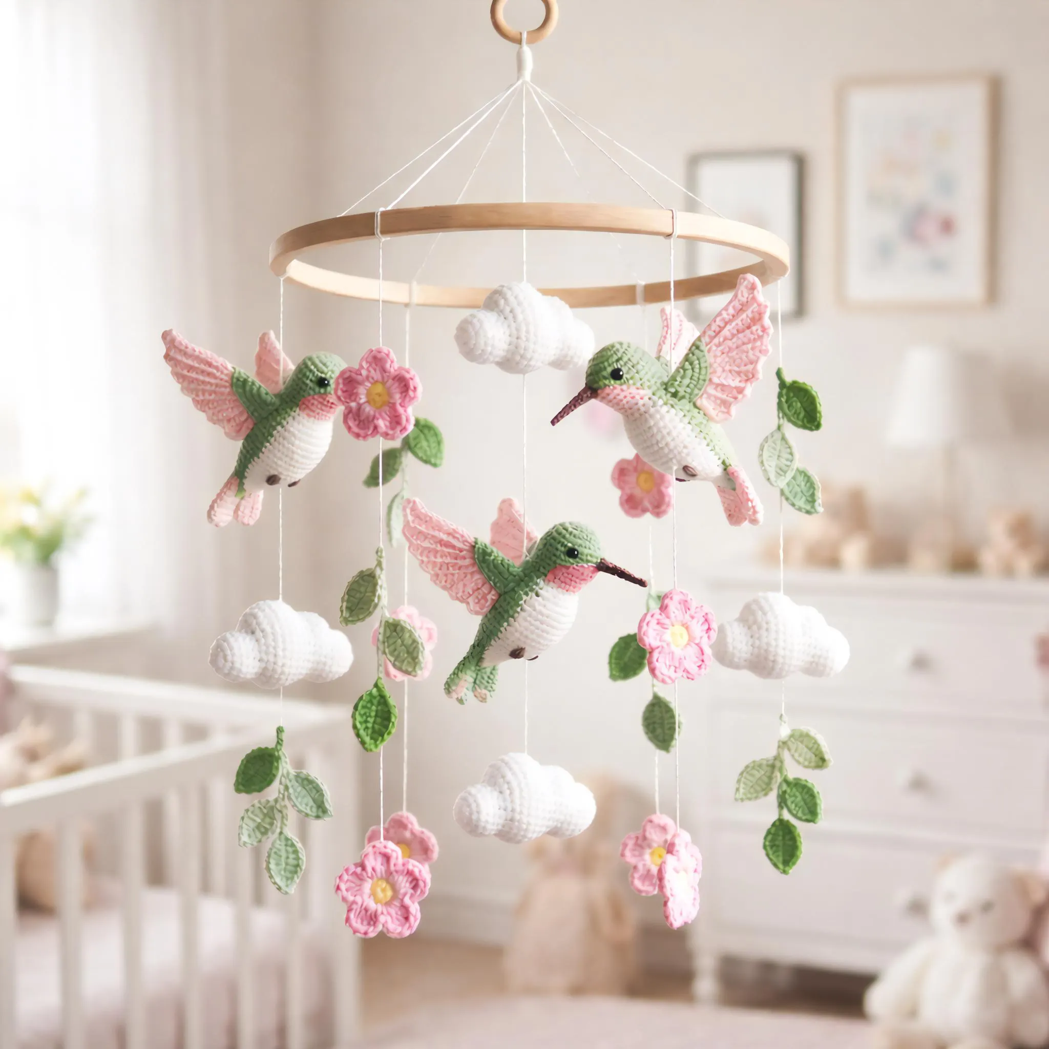 Hummingbird Mobile Nursery Bird Mobile, Pink Flower Crib Mobile Girl Rose Nature Baby Mobile Girl Tropical Garden Decorations