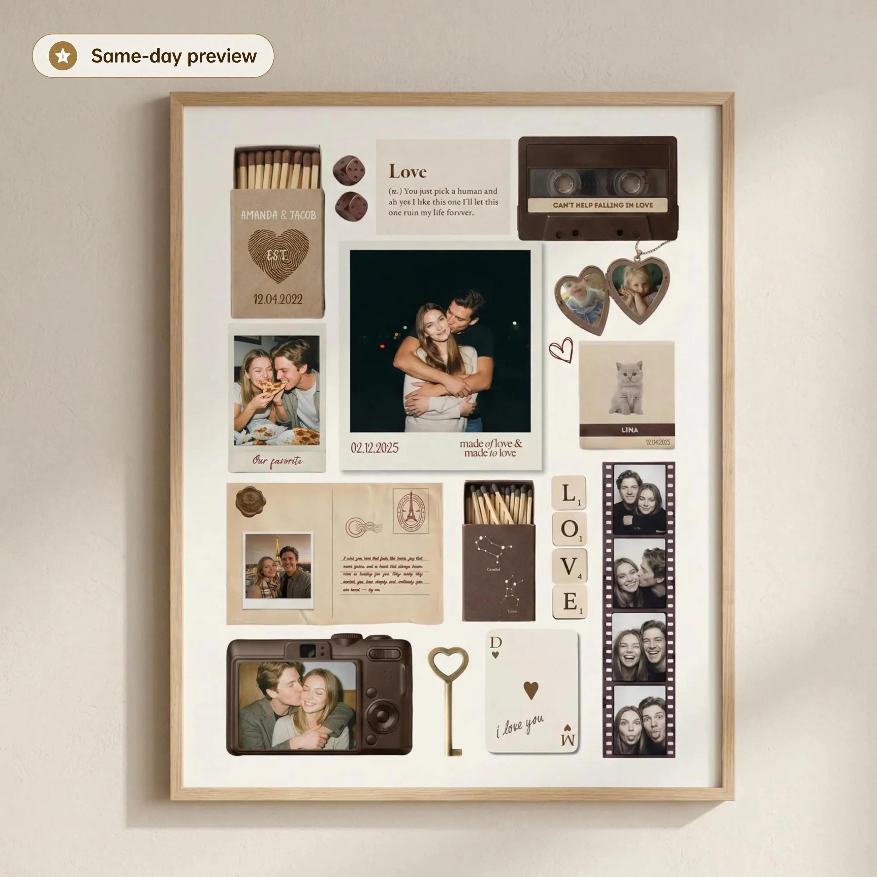 Custom Matchbook Collage Poster, Personalized Couple Photo Anniversary Birthday Gift Wall Art, Framed Option