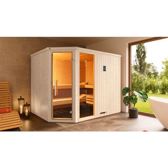 Ecksauna »VARBERG 4«, 6 Personen, inkl. 9 kW Ofen mit externer Steuerung