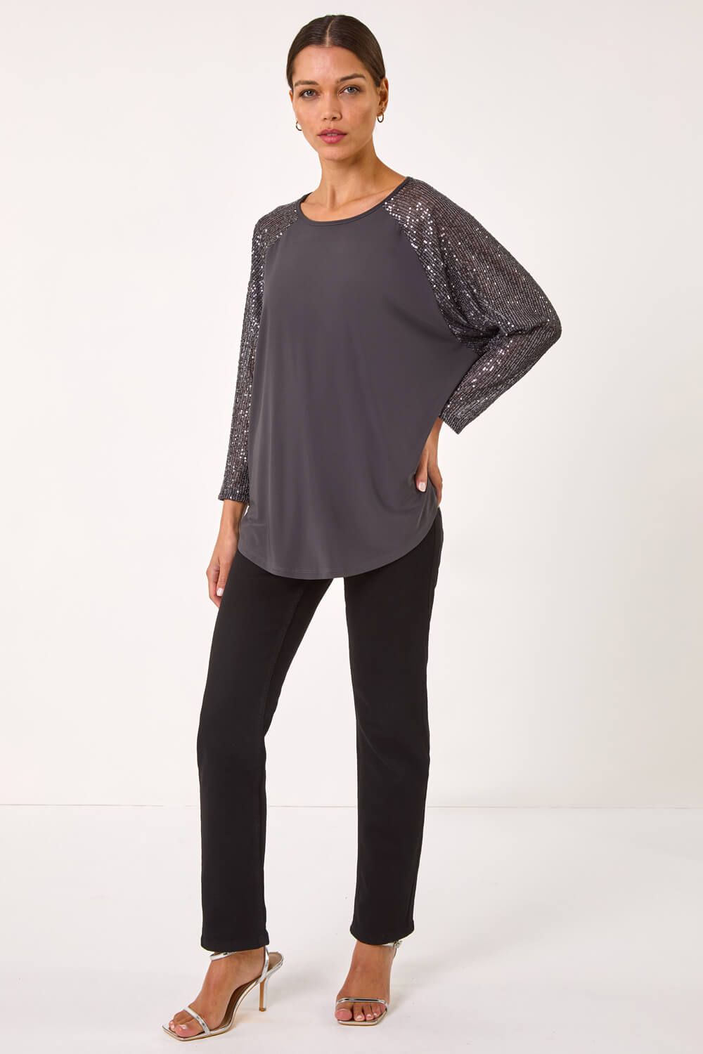 Roman Sequin Sleeve Tunic Stretch Top