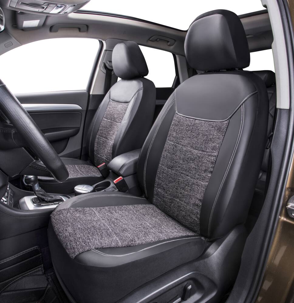 AutoTrends Leatherette Faux Leather & Low Back Jacquard Seat Cover, Black & Heathered Grey, 2-pk