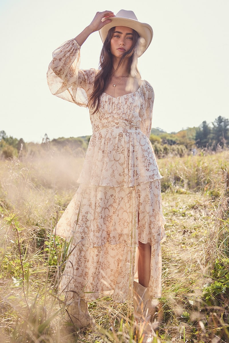 Elena Toile Print Tiered Midi Dress