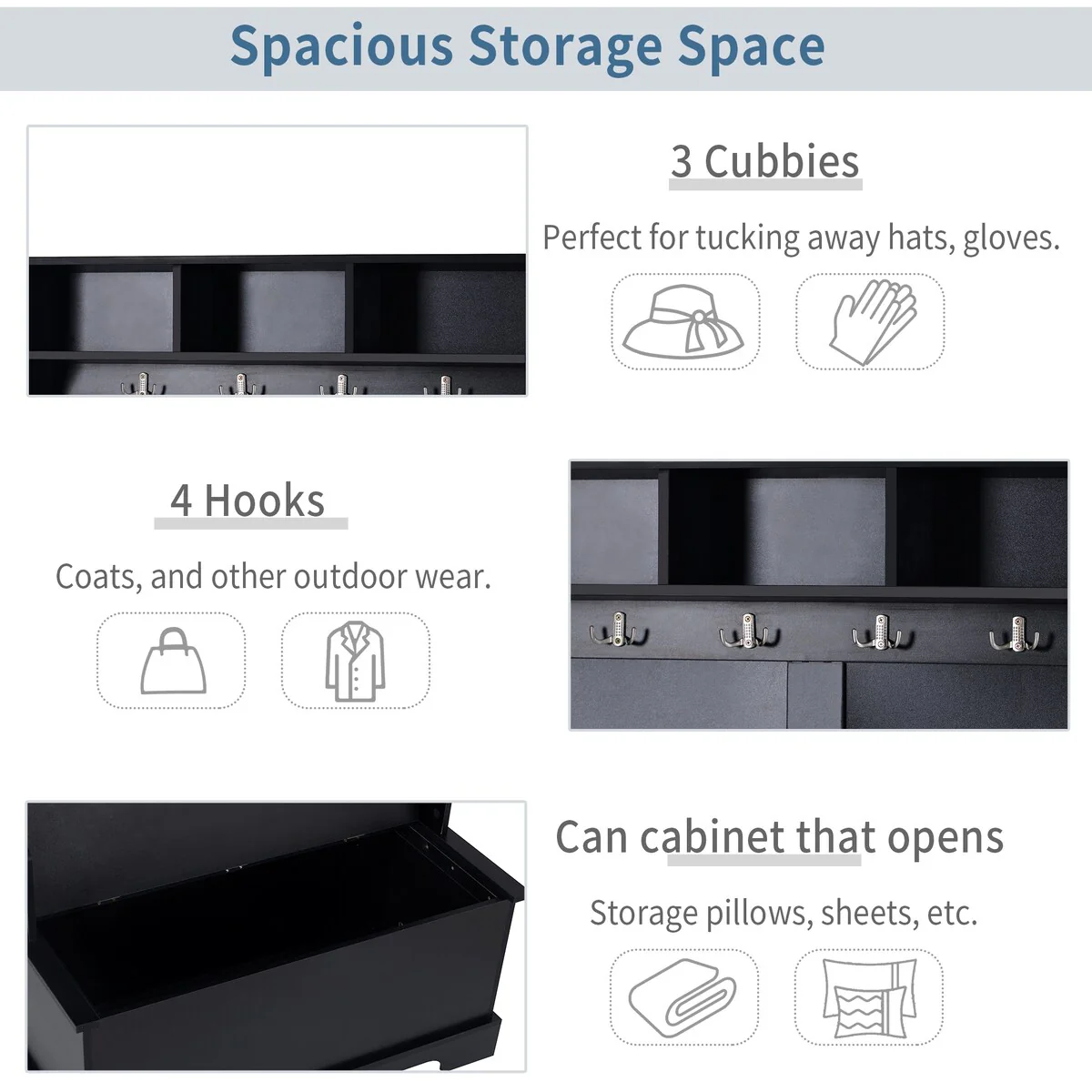 Hall Tree with 4 Hooks and Hinged Lid, Coat Hanger, 3 in 1 Design Entryway Bench for Entrance, Hallway