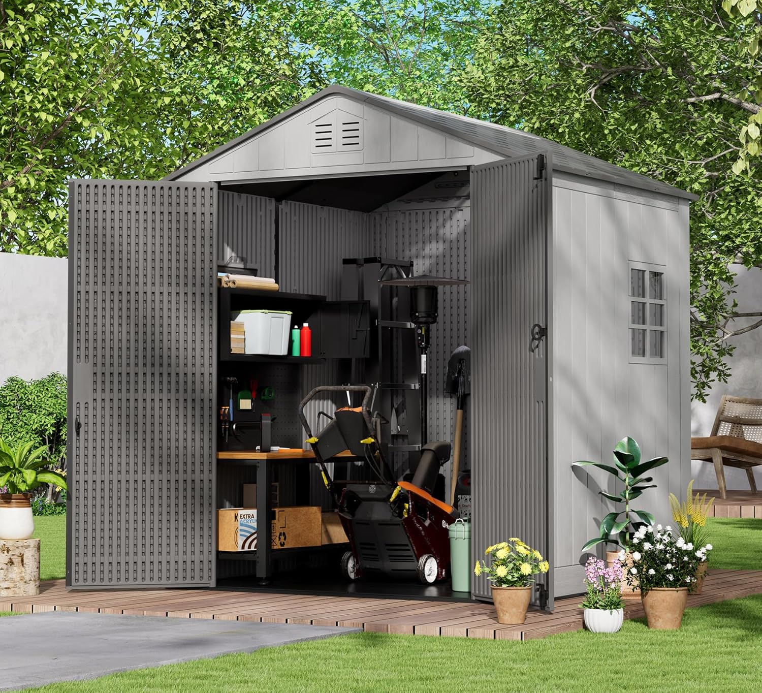 HOMSPARK Outdoor Storage Shed 6x6 Ft  All-Weather Resistant Resin Garden Sheds & Outdoor Storage Clearance with Floor & Windows  Double-Layer Plastic Tool Sheds for Patio  Garden & Lawn (Grey)