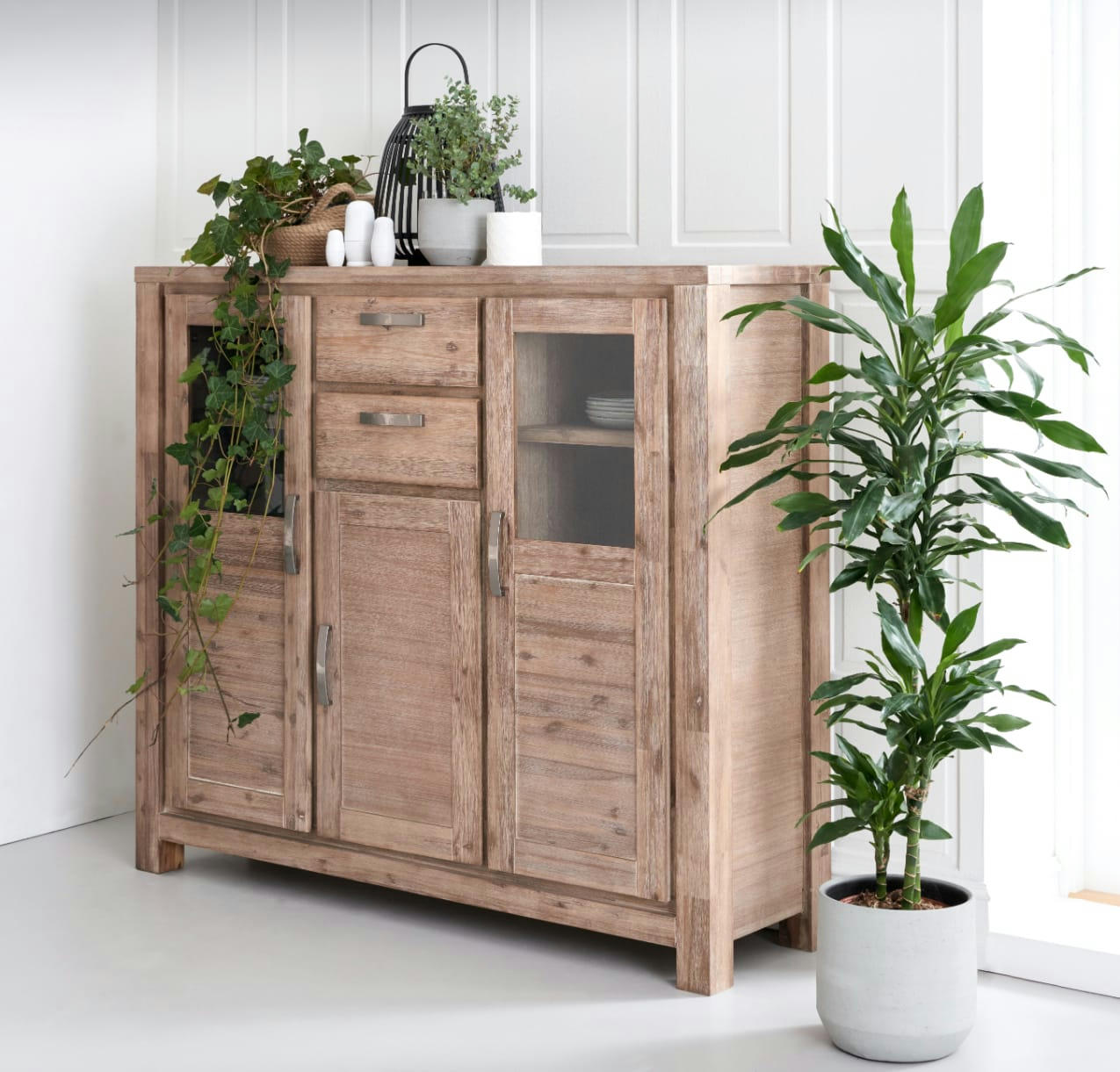 ALASKA - Buffet haut 3 portes 2 tiroirs en acacia massif marron