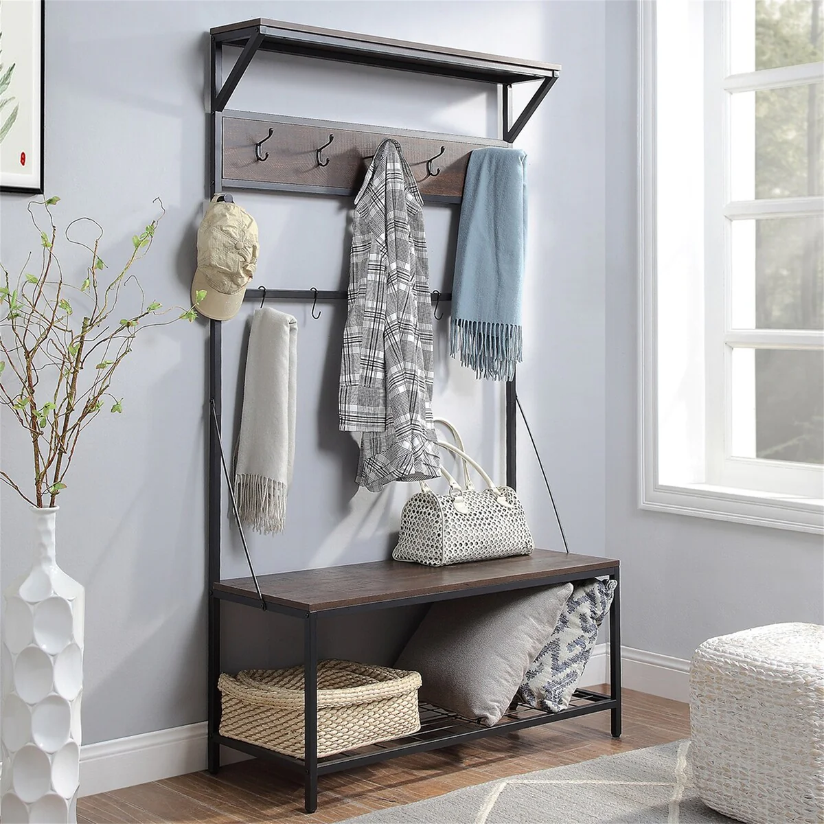 Coat Hanger, Shoe Bench, Storage Shelf, 3-in-1 Design