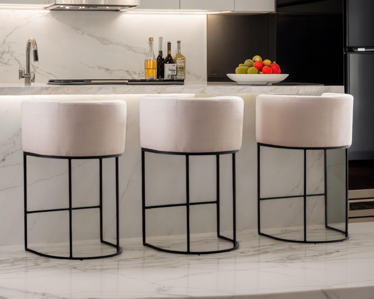 Contemporary Cream Linen Bar Stools Set of 3, 29 Upholstered Fabric Counter Height Barstools Kitchen Counter Island Stools with Black Metal Base
